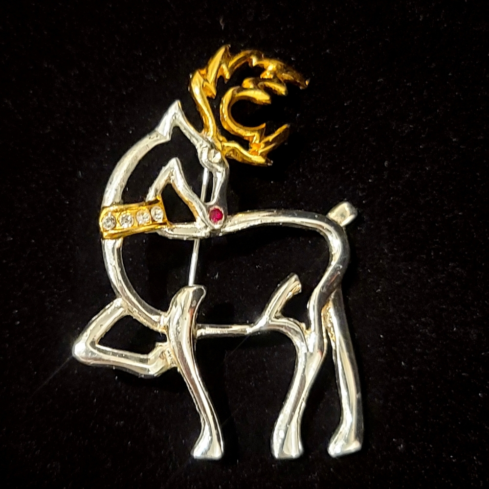 Vtg Silver & Gold Tone Prancing  Reindeer Brooch With Red & Clear Rhinestones